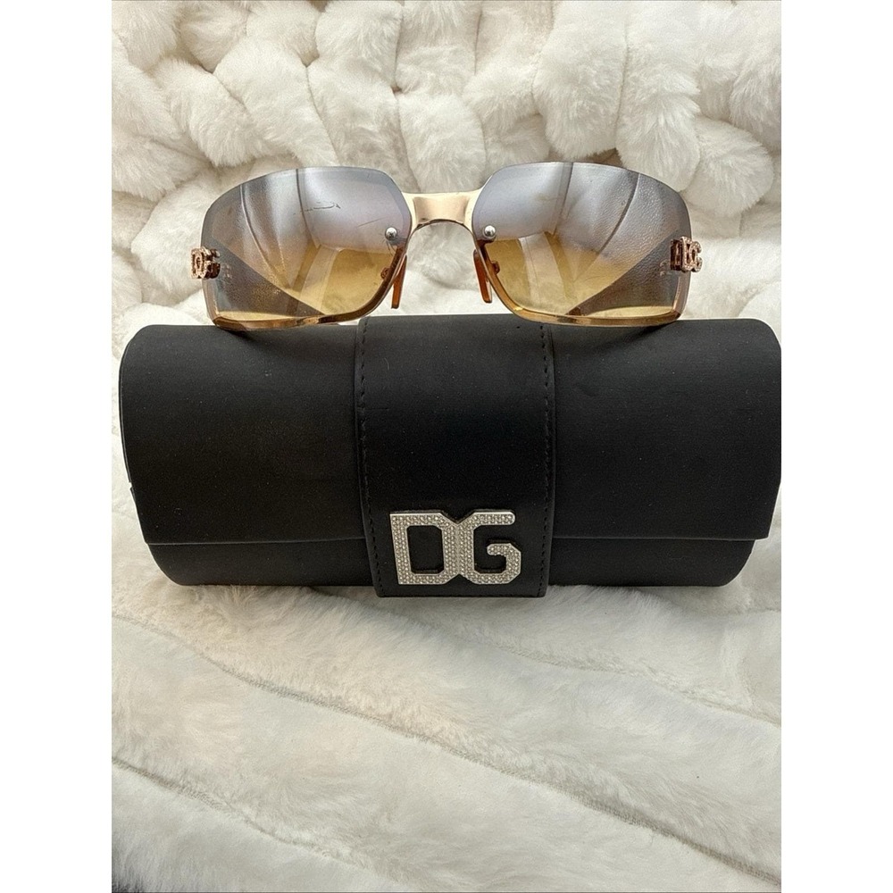 Vintage Dolce & Gabbana Brown Rimless Sunglasses Logo Pattern & Clutch Case HOT